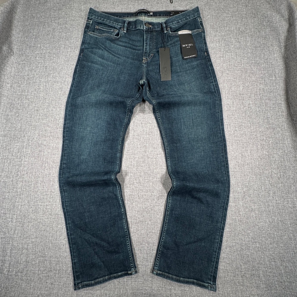Banana Republic Slim Jeans Mens 36x32 Dark Wash Rapid Movement Denim Stretch NEW